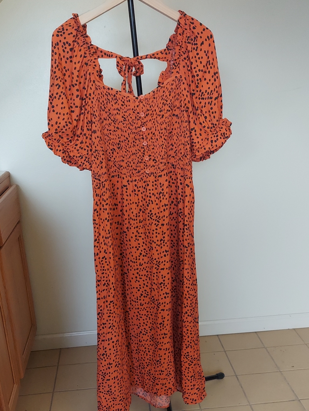 Beachlunchlounge Womans Smocked Midi Dress Sz XL rust-orange black Spots